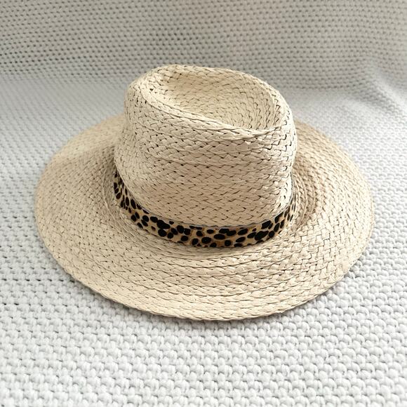 Vince Camuto Beige Straw Leopard Pony Hair Band Summer Hat Floppy Panama OS - Picture 8 of 10